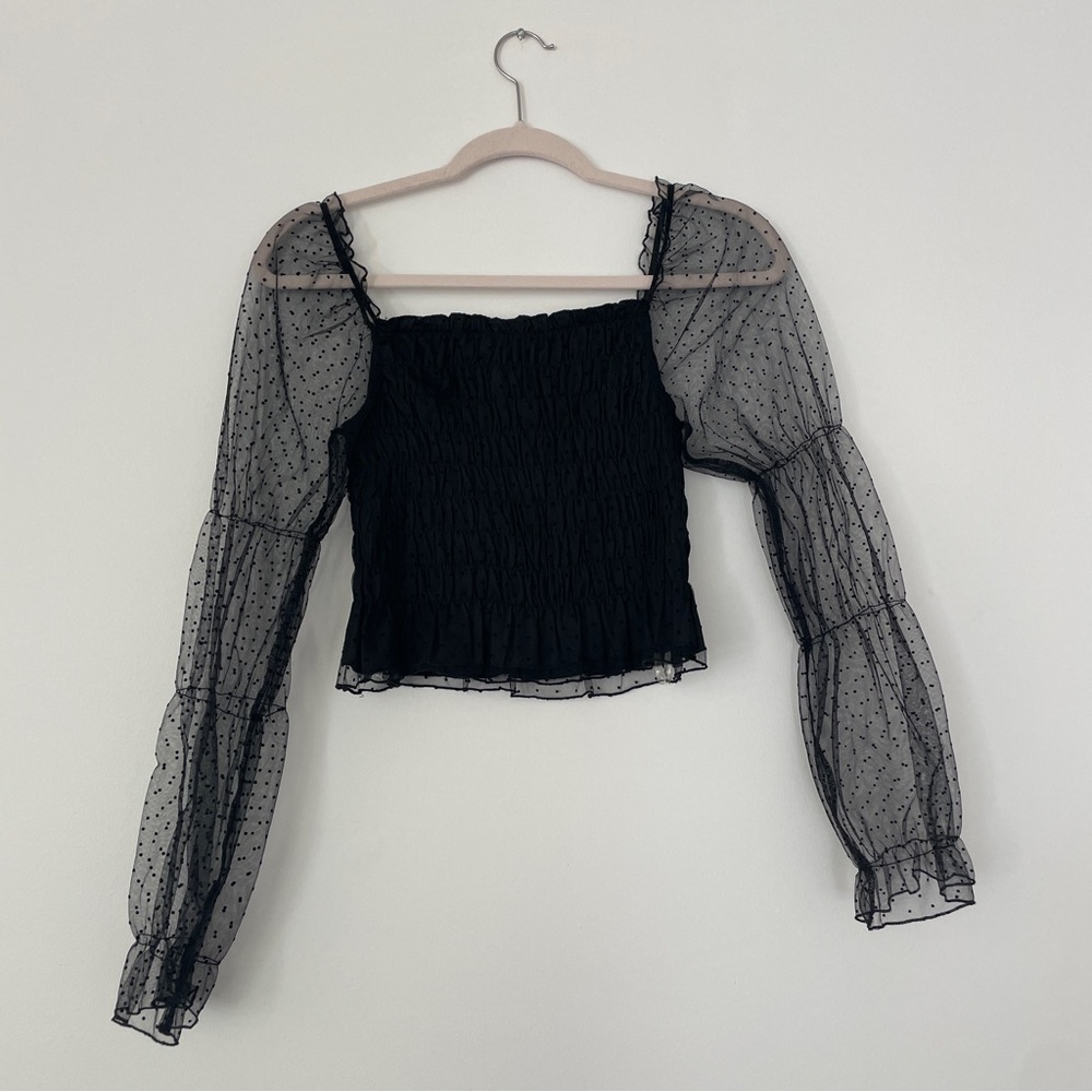 Black Sheer Swiss Dot Puff Long Sleeve Smocked Crop Top Small - Picture 6 of 6